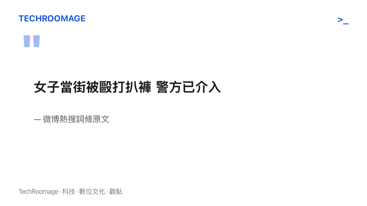 引言圖卡完整重現十四字熱搜詞條，前九個字描述受害女子的遭遇，後五個字交代警方處理進度，兩段資訊的密度落差一目了然