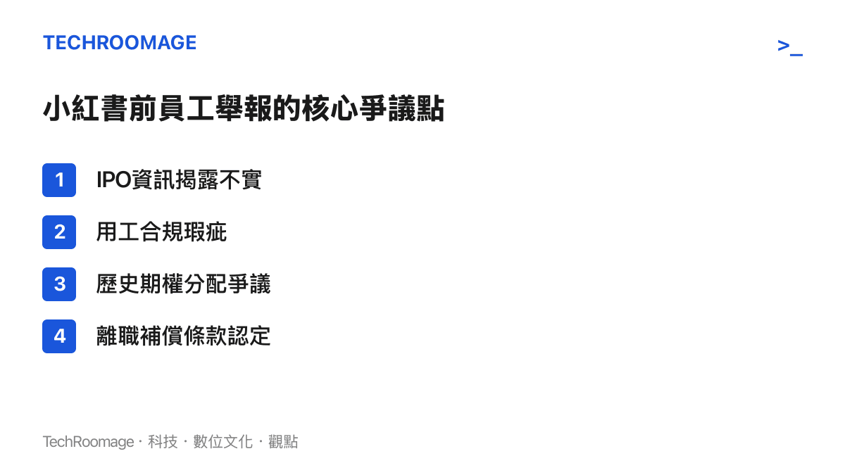 條列小紅書前員工向監管單位實名舉報的四個主要爭議項目，包含資訊揭露與用工問題