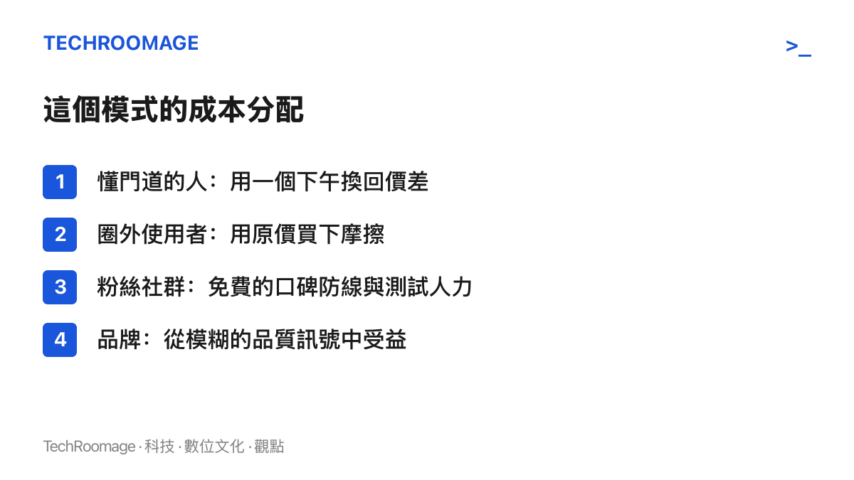 清單呈現小米體驗落差的成本分配：懂門道者以時間換價差、圈外人以原價承受摩擦、粉絲社羣無償提供口碑防線與測試、品牌從模糊的品質訊號中受益
