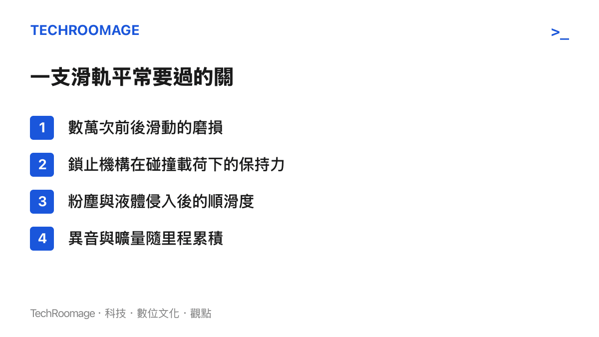 清單圖列出汽車座椅滑軌在日常使用中要通過的四種考驗，包含反覆滑動的磨損、鎖止保持力、粉塵與液體侵入後的順滑度，以及異音與曠量隨時間累積