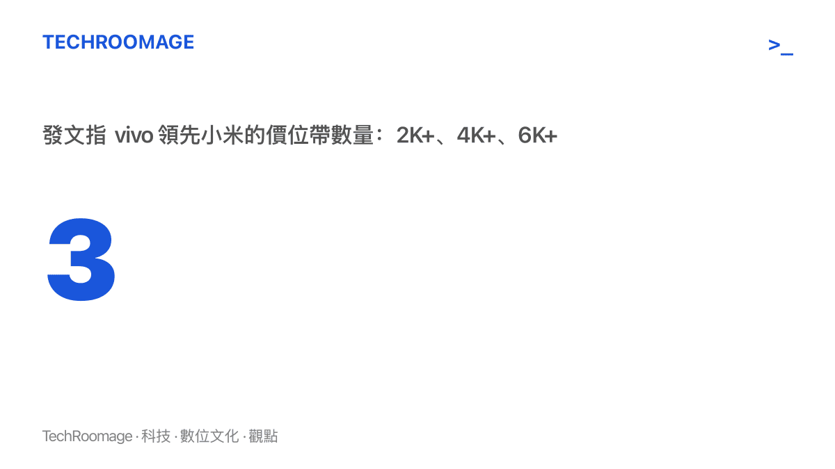 數字圖卡標示發文指控vivo領先小米的三個價位帶，涵蓋兩千元、四千元與六千元以上的市場區間