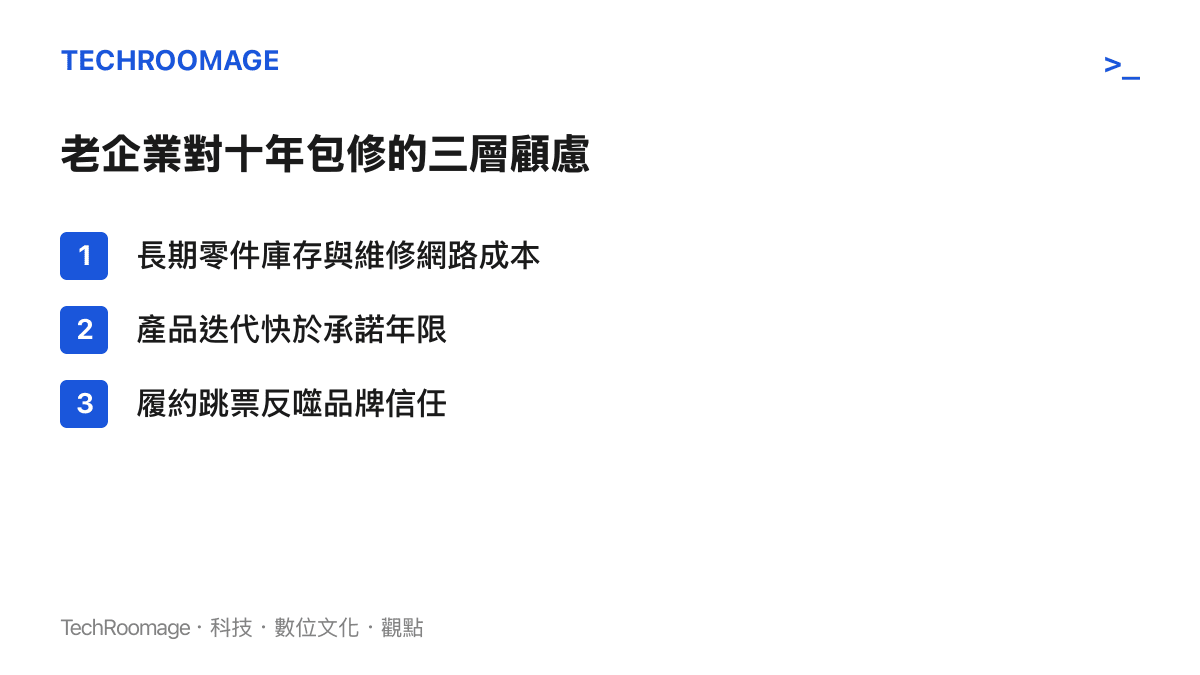 傳統製造業對延長包修年限三大顧慮的條列圖卡