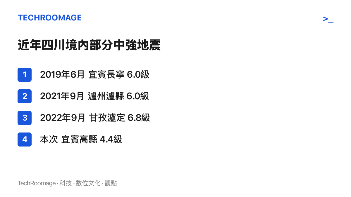 清單圖卡列出四次四川地震的時間地點與規模：2019年宜賓長寧6.0級、2021年瀘州瀱縣6.0級、2022年甘孜瀘定6.8級，以及本次宜賓高縣4.4級