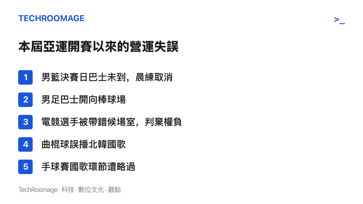 清單圖卡列出名古屋亞運開賽以來的五起營運失誤，涵蓋接送交通、國歌播放與電競候場引導