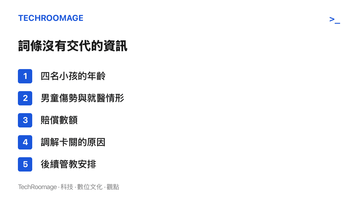 清單圖卡列出嶽陽男童遭圍毆案詞條未公開的五項資訊：四名小孩的年齡、男童傷勢與就醫情形、賠償數額、調解卡關原因與後續管教安排