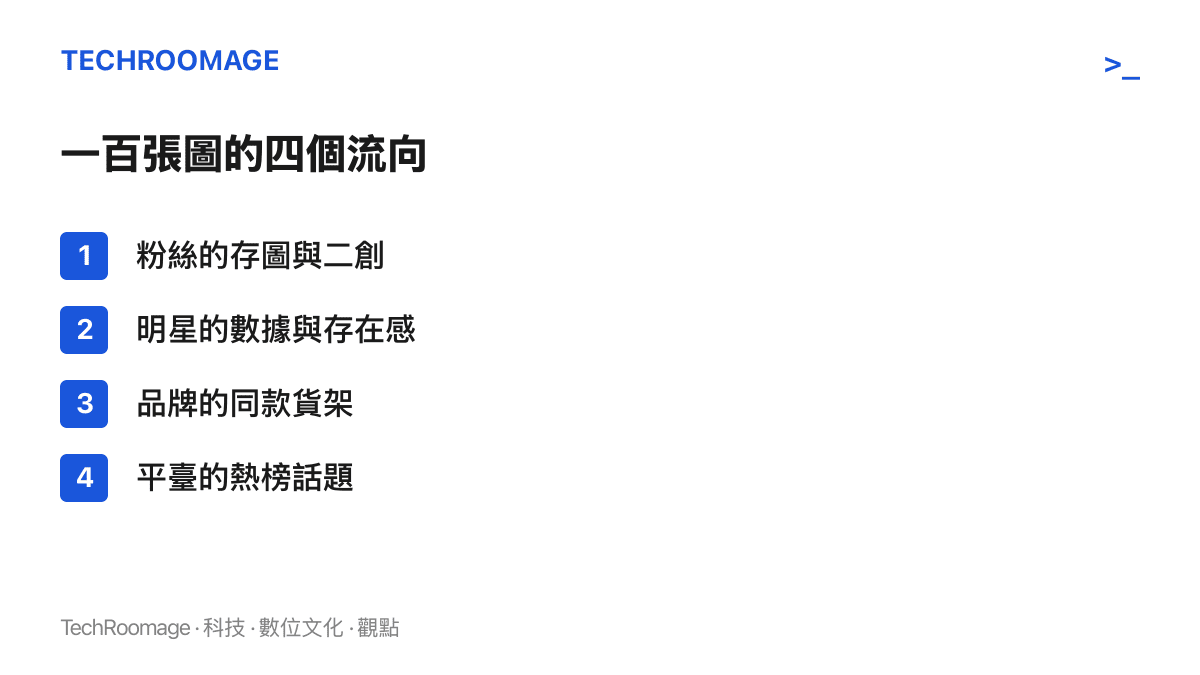 清單圖卡列出一百張照片的四個流向：粉絲的存圖與二創、明星的數據與存在感、品牌的同款貨架、平臺的熱榜話題