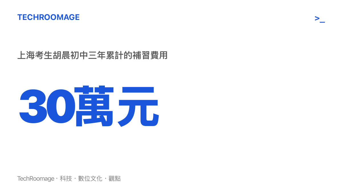 統計圖卡呈現上海考生胡晨初中三年補習費用累計約人民幣30萬元，凸顯升學競爭的家庭投入規模