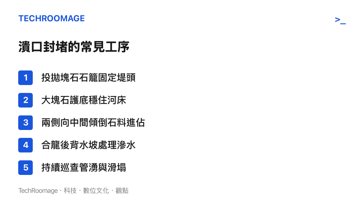 清單圖列出河道堤防潰口封堵的五道常見工序，從固定堤頭、拋石護底、進佔合龍，到背水坡滲水處理與險情巡查