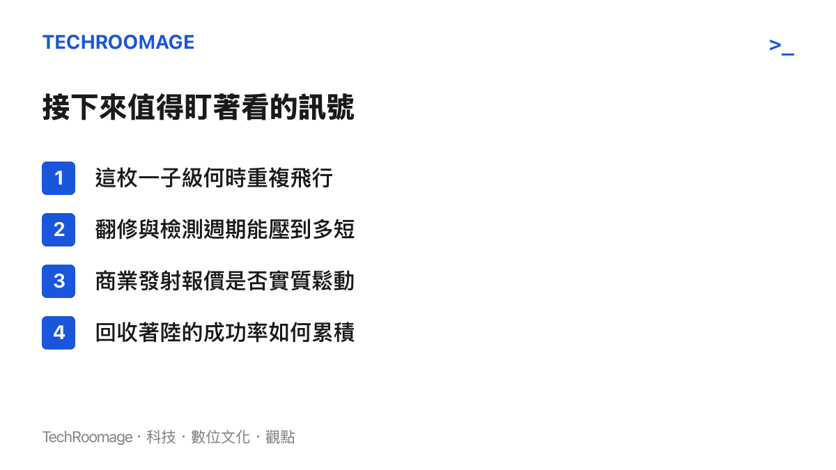 清單圖列出朱雀三號完成回收後的四個觀察訊號，包括一子級重複飛行時程、翻修週期、發射報價變化與回收成功率累積