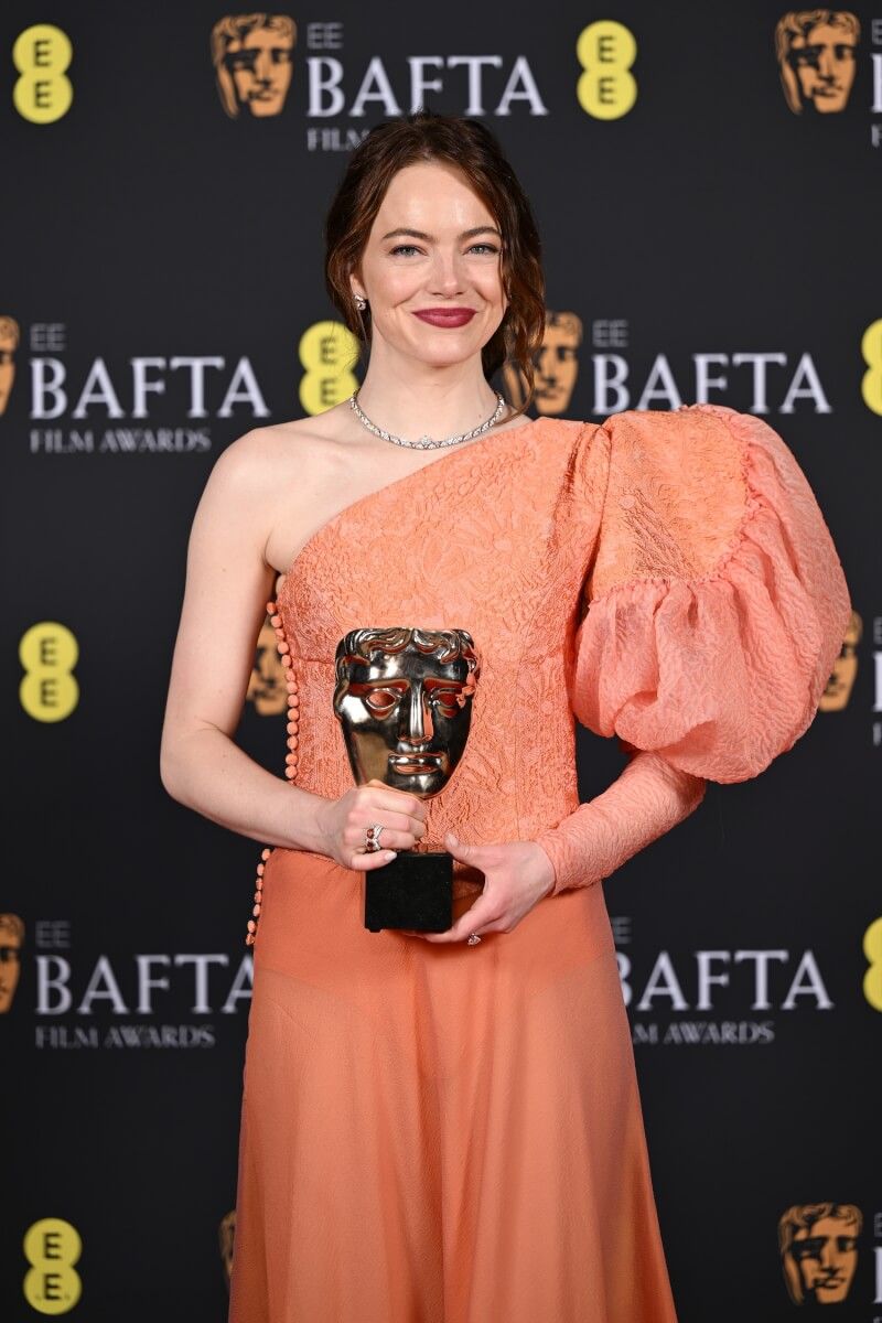 英國影藝學院電影獎18日頒獎，電影「可憐的東西」女主角艾瑪史東獲最佳女主角獎。（圖取自twitter.com/BAFTA）
